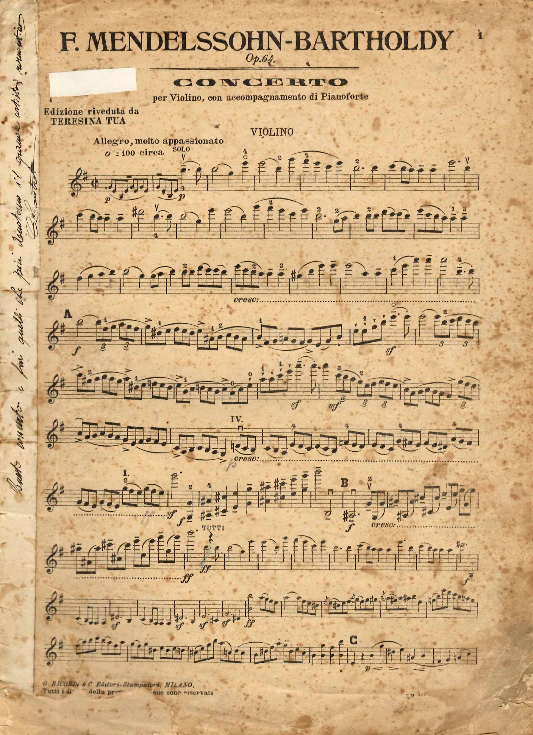 Concerto per Violino, con accompagnamento di Pianoforte, op. 64. Edizione riveduta da Teresina Tua